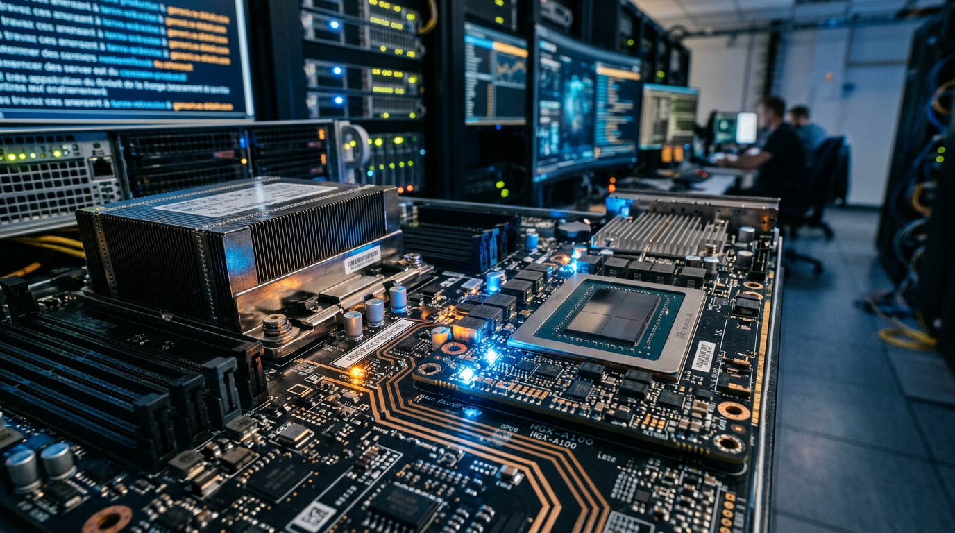 Détail d'un processeur graphique, cœur de la puissance de calcul IA nécessaire à l'écosystème technologique français.