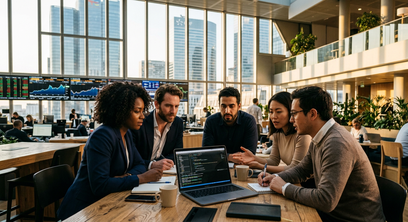 Des entrepreneurs d'une PME en France travaillant sur un projet IA grâce à un accès facilité à la puissance de calcul.