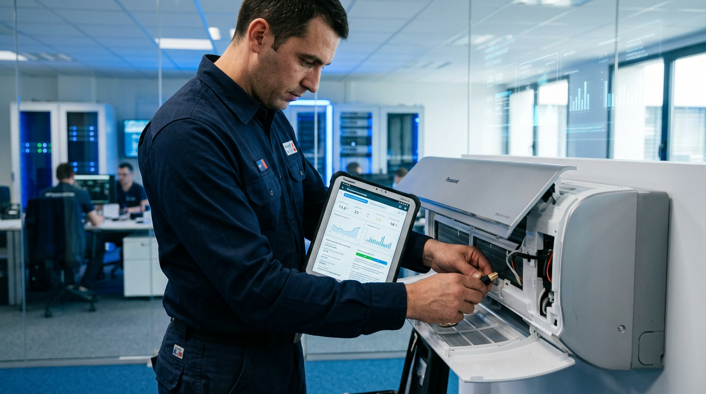 Un technicien de maintenance utilisant une tablette pour un diagnostic prédictif sur une unité de climatisation.