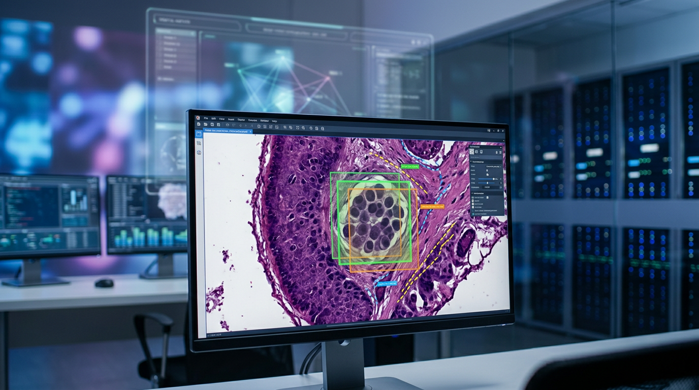 Exemple d'interface d'intelligence artificielle médicale pour l'analyse de lames en histopathologie numérique.