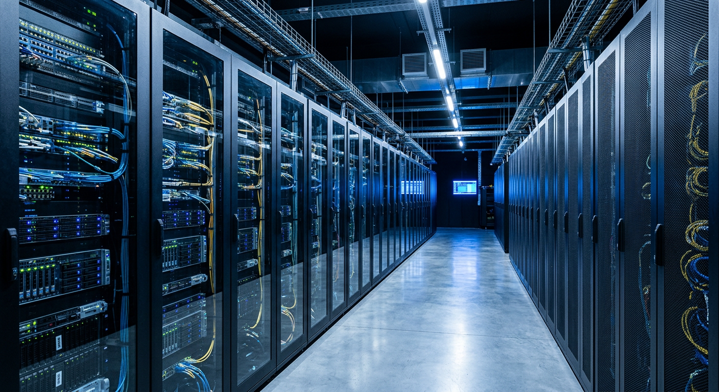 Infrastructure de serveurs symbolisant la puissance de calcul d'un OS d'entreprise moderne.