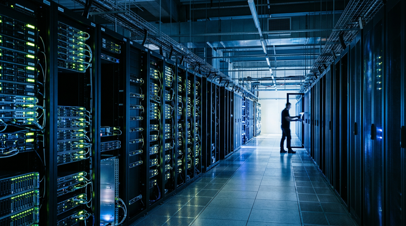 Un technicien dans un data center, illustrant le déploiement de modèles d'IA ouverts sur une infrastructure propre.