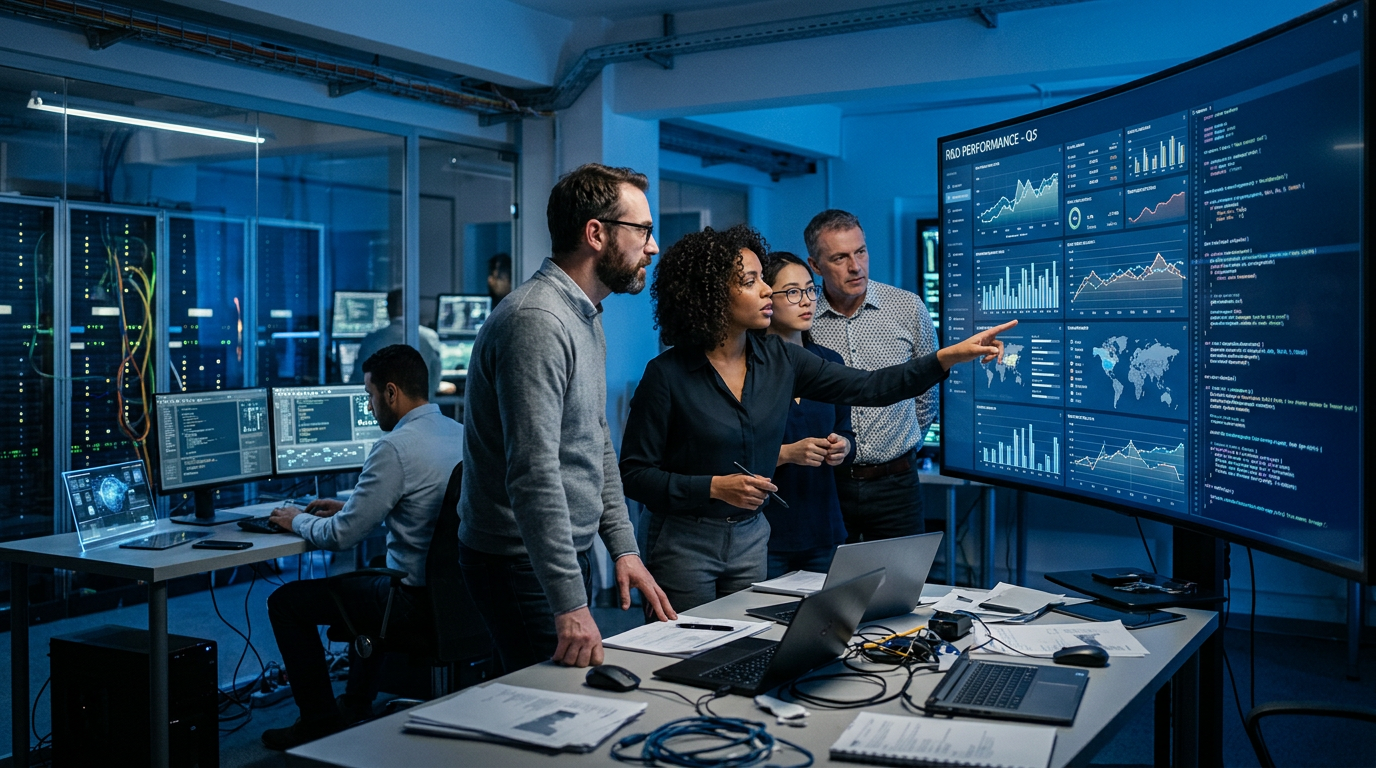 Une équipe d'ingénieurs analyse des dashboards de monitoring IA, un enjeu clé de l'observabilité cloud.