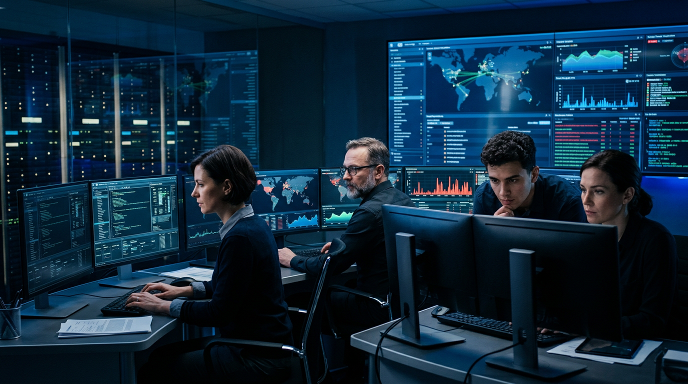 Une équipe d'analystes en cybersécurité utilisant un SOC augmenté pour contrer une attaque polymorphe.