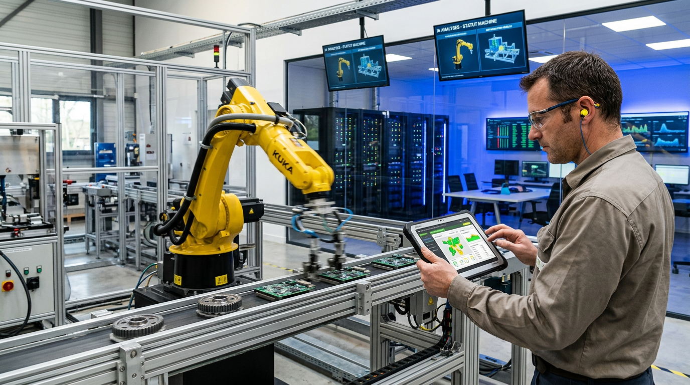 Un technicien utilisant une tablette pour superviser l'innovation sur une chaîne de production en Auvergne-Rhône-Alpes.