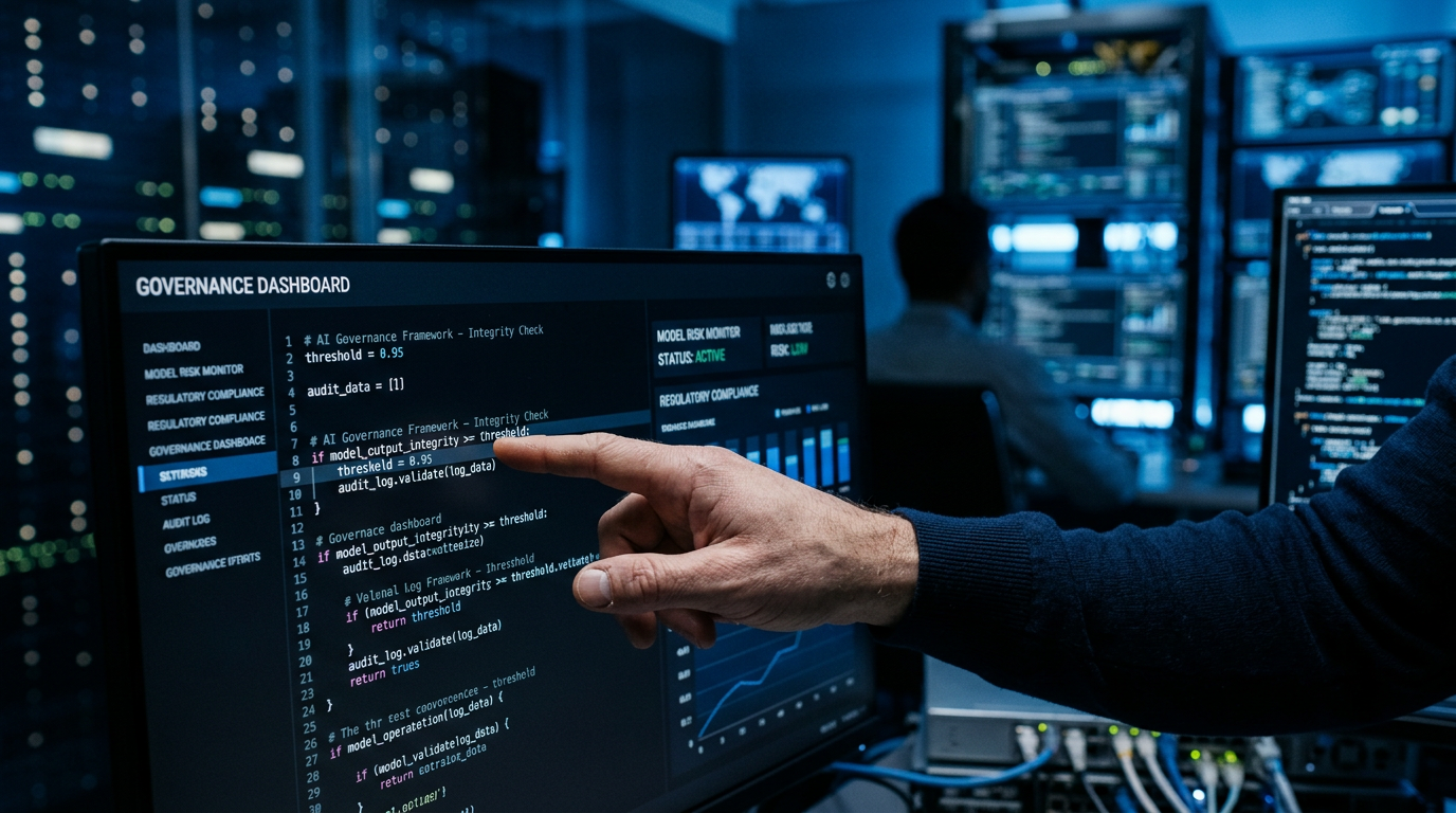 Un expert en gouvernance IA audite les permissions d'un agent autonome sur un tableau de bord de sécurité des données.