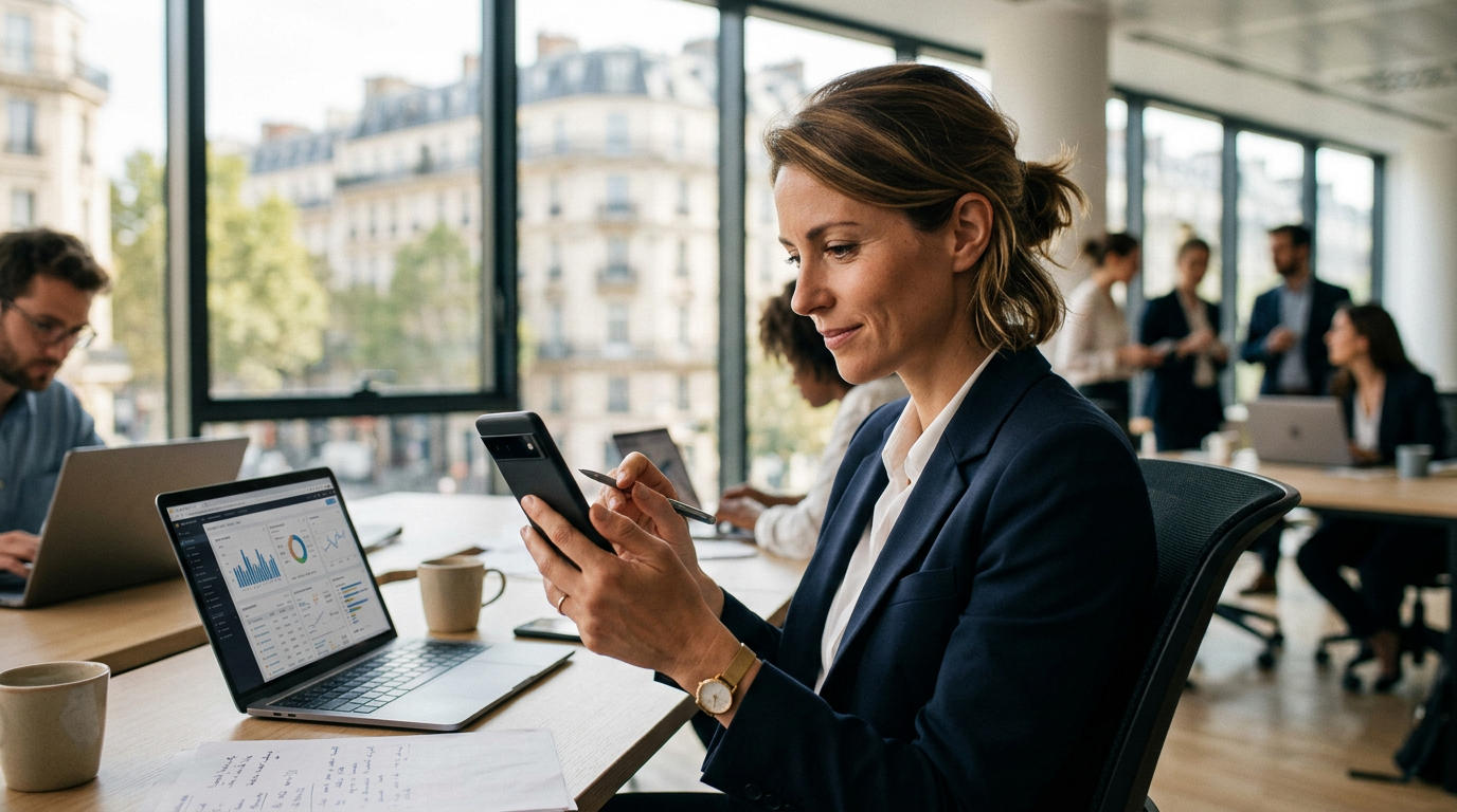 Un professionnel utilise son smartphone pour analyser des données, illustrant l'importance du choix d'un smartphone professionnel en 2026.