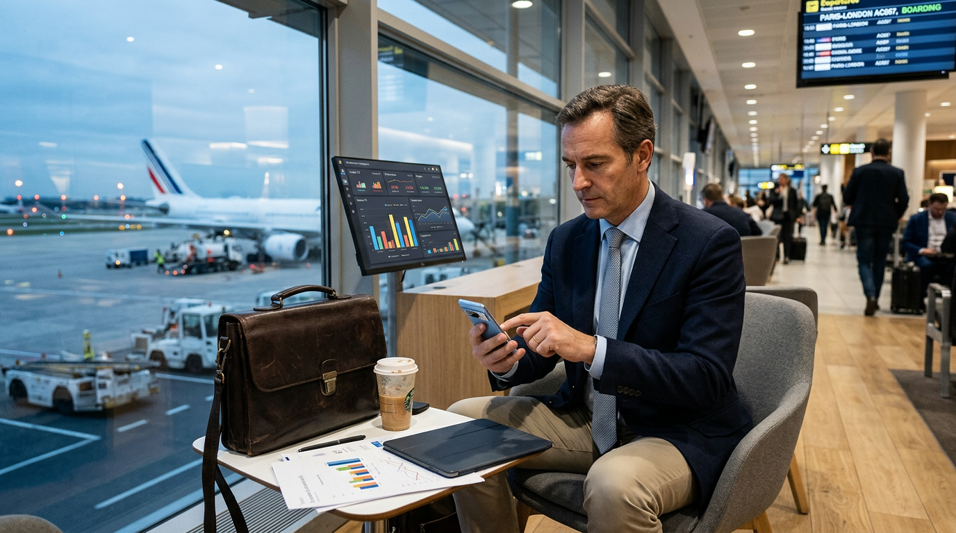 Un professionnel utilisant son smartphone pour des tâches de productivité avancées, illustrant la nécessité d'un iPhone Pro.