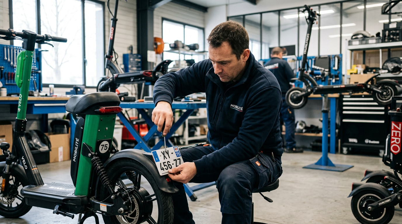 Technicien effectuant l'immatriculation d'une trottinette électrique dans un atelier.