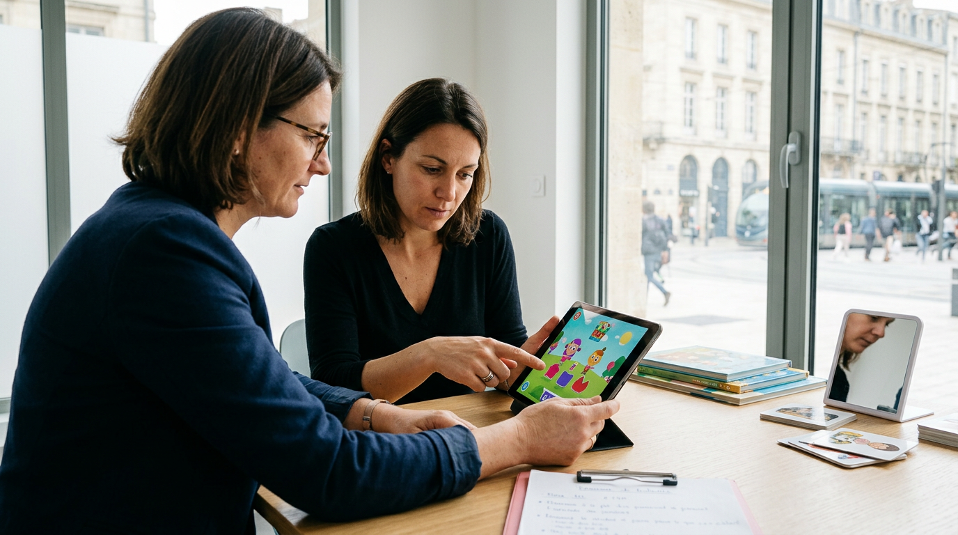 Un professionnel de santé présente le logiciel Poppins sur tablette, une innovation en santé numérique.