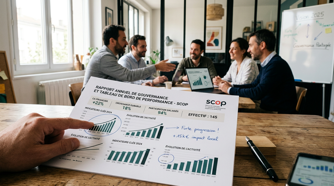 Tableau de bord illustrant la gouvernance partagée et les indicateurs de performance d'une entreprise en coopérative.