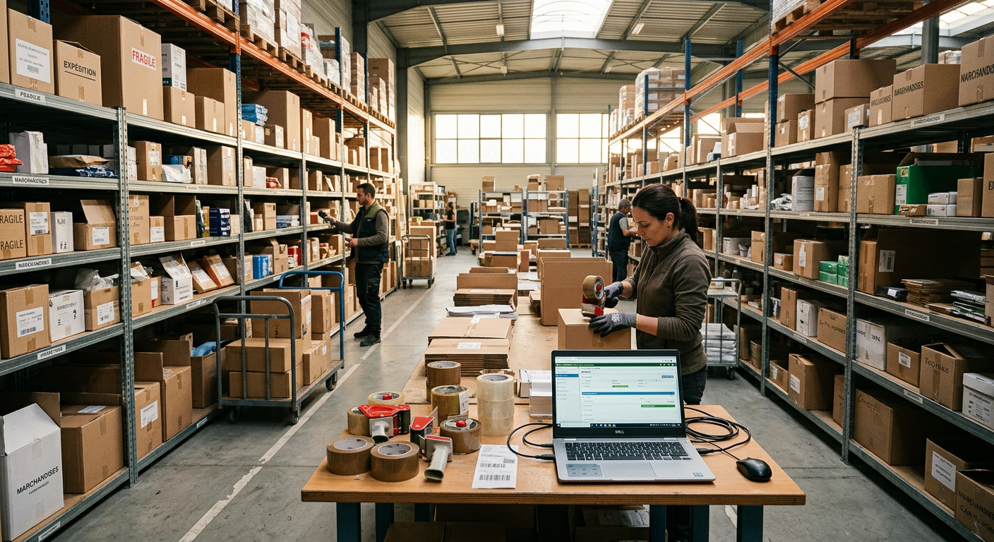 Un espace de logistique TPE, illustrant les défis d'expédition pour les petites entreprises face aux changements de service postal.