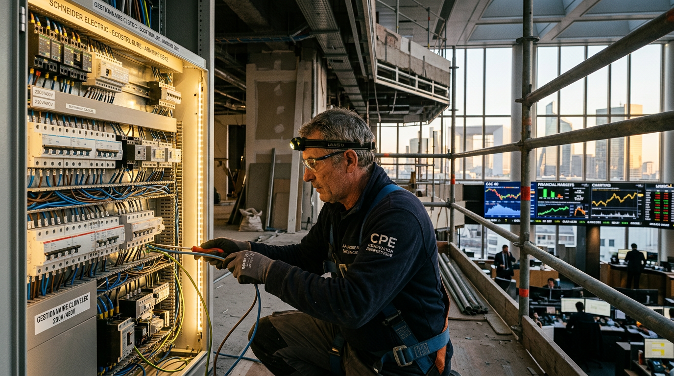 Un électricien installe du matériel électrique innovant sur un chantier de rénovation.