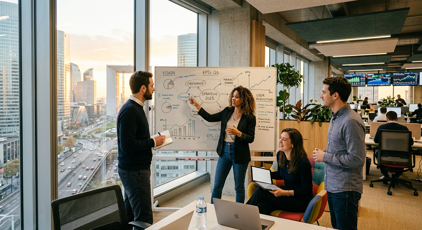 Des collaborateurs d'une licorne française en réunion stratégique pour préparer son expansion en Europe.