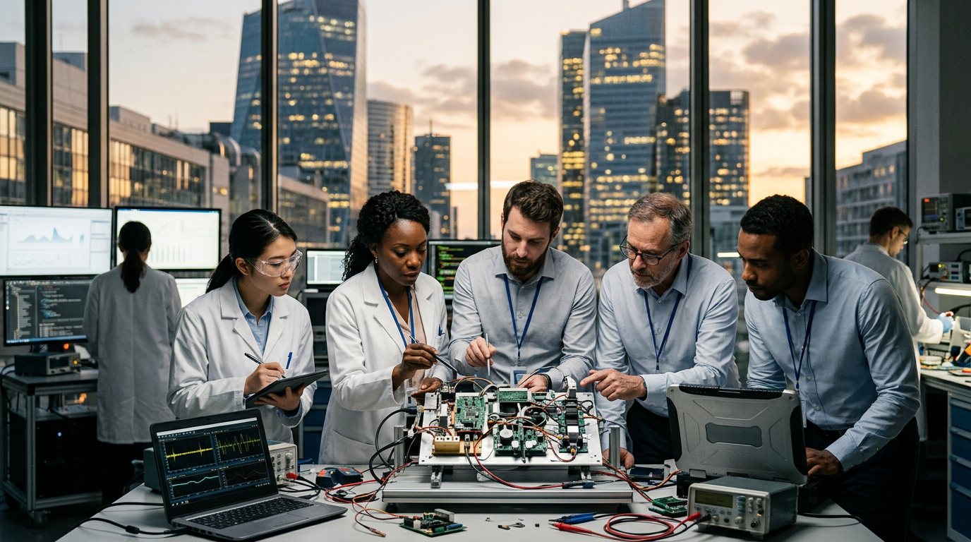 Une équipe d'ingénieurs travaillant sur un projet deeptech France, illustrant la prime à la technologie.