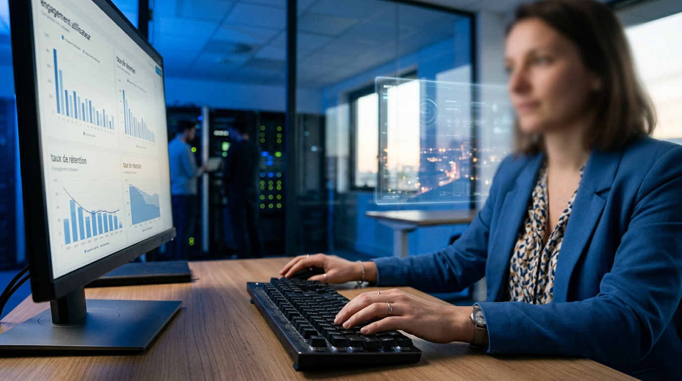 Un Customer Success Manager utilise l'IA pour analyser l'expérience utilisateur (UX) et améliorer la rétention client SaaS.