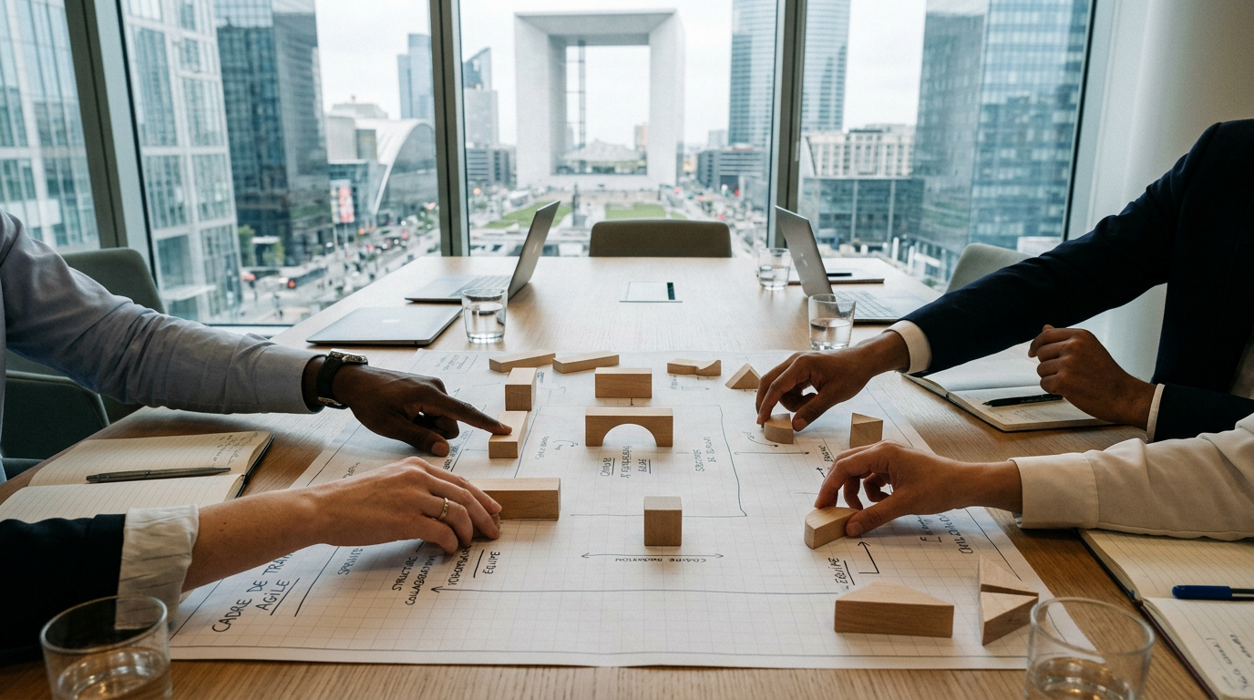 Une équipe co-construisant une stratégie PME, illustrant la gestion d'équipe agile et la culture d'entreprise.