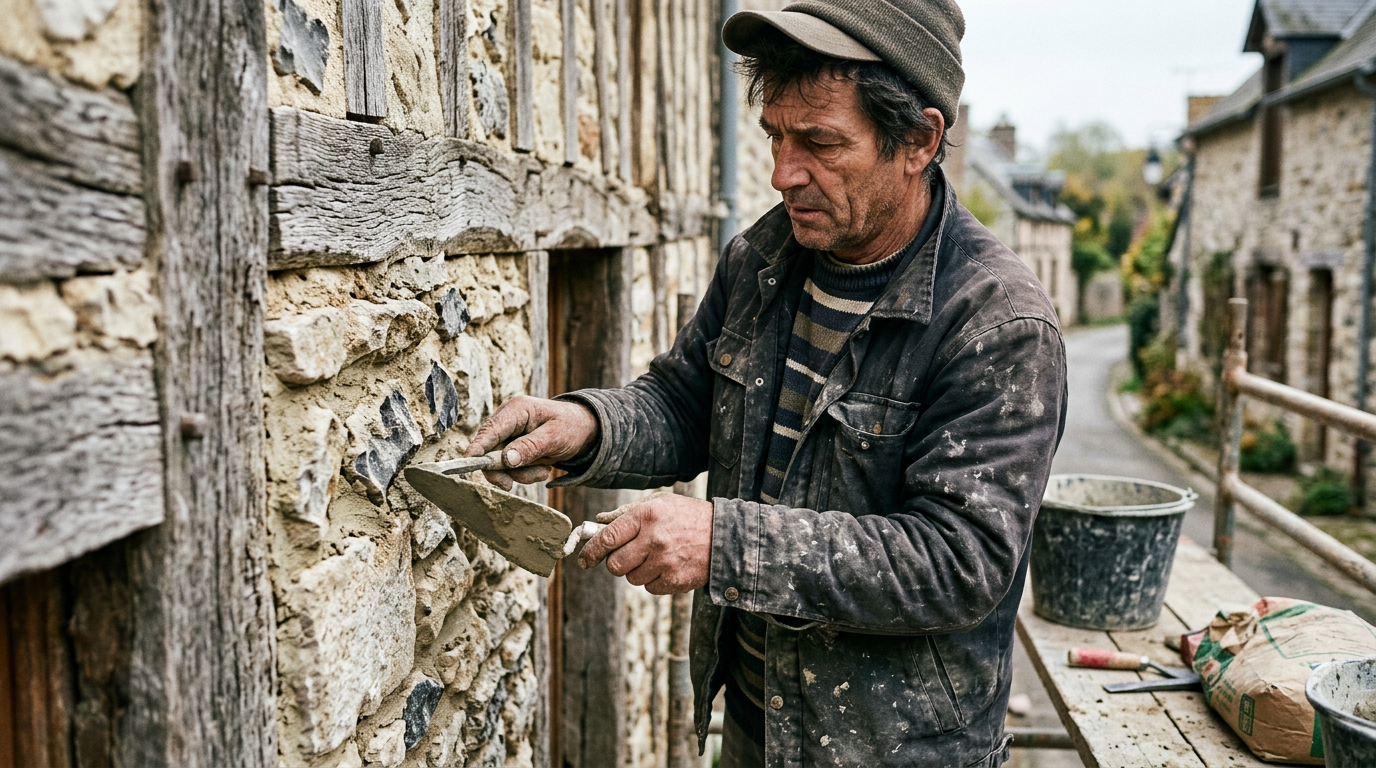 Un artisan du bâtiment en plein travail de rénovation, symbolisant l'artisanat du bâtiment menacé par la pénurie de main d'œuvre.