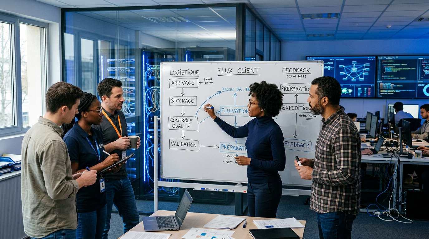 Une équipe de PME élaborant une stratégie IA en cartographiant ses processus pour améliorer la rentabilité.