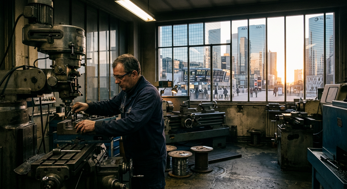 Un dirigeant de PME industrielle examinant un plan dans son usine, illustrant les défis du climat des affaires.