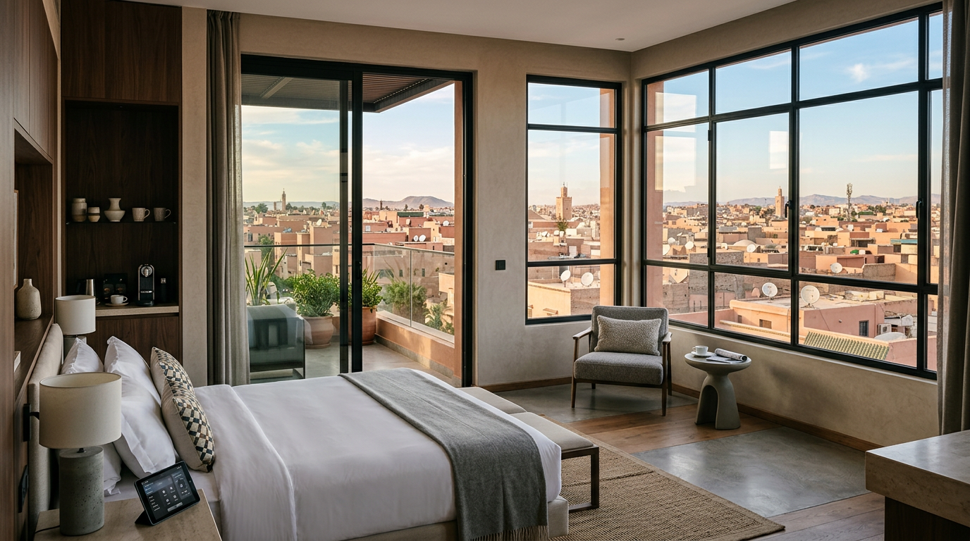 Intérieur d'un hôtel de luxe au Maroc, représentant le développement du secteur du tourisme.