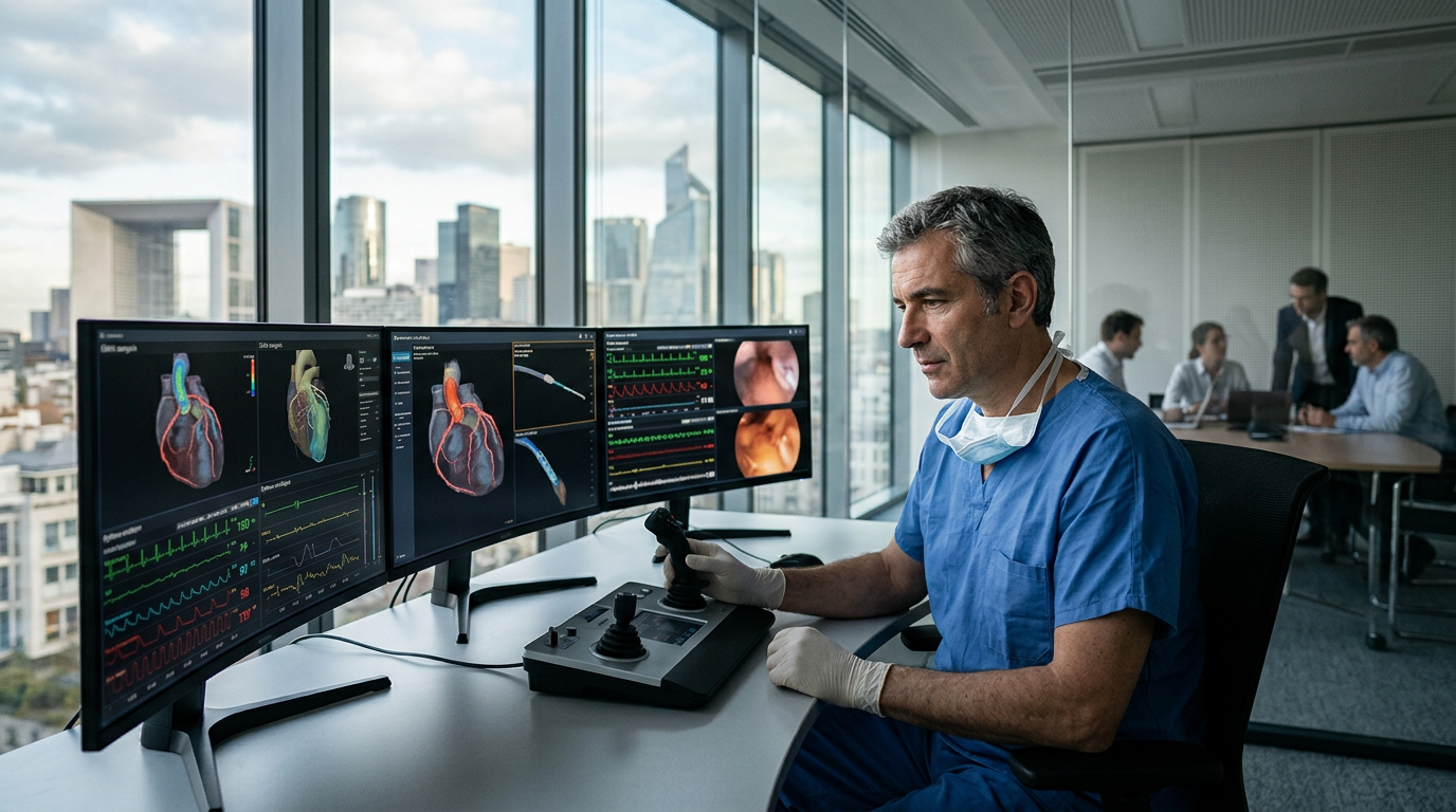 Un praticien utilisant la station de contrôle pour une procédure de robotique vasculaire, un enjeu clé de l'acquisition Medtech.