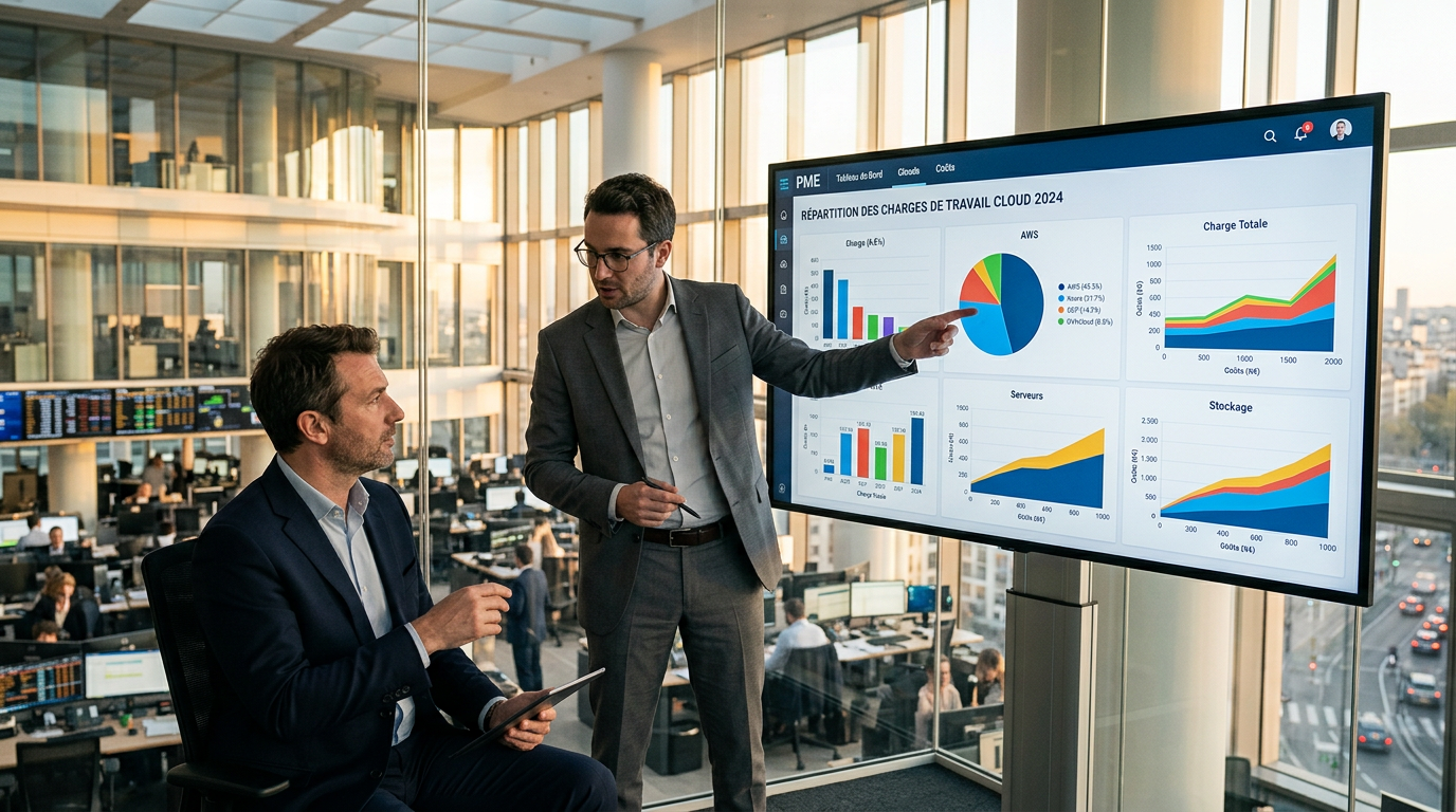 Un dirigeant de PME analyse l'optimisation des coûts cloud grâce à une plateforme de FinOps.