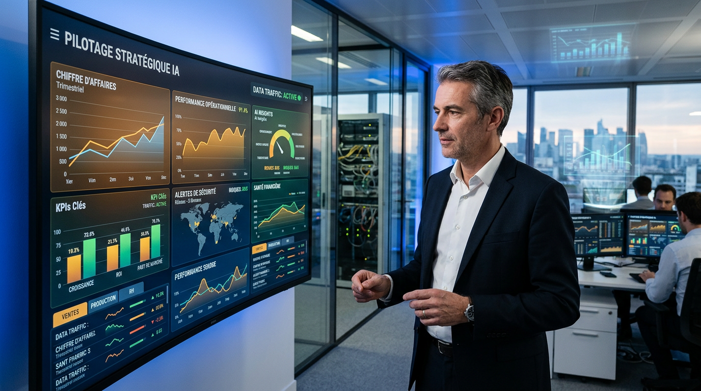 Un dirigeant de PME analyse des indicateurs de performance sur un dashboard, illustrant l'impact de l'IA sur la concurrence.