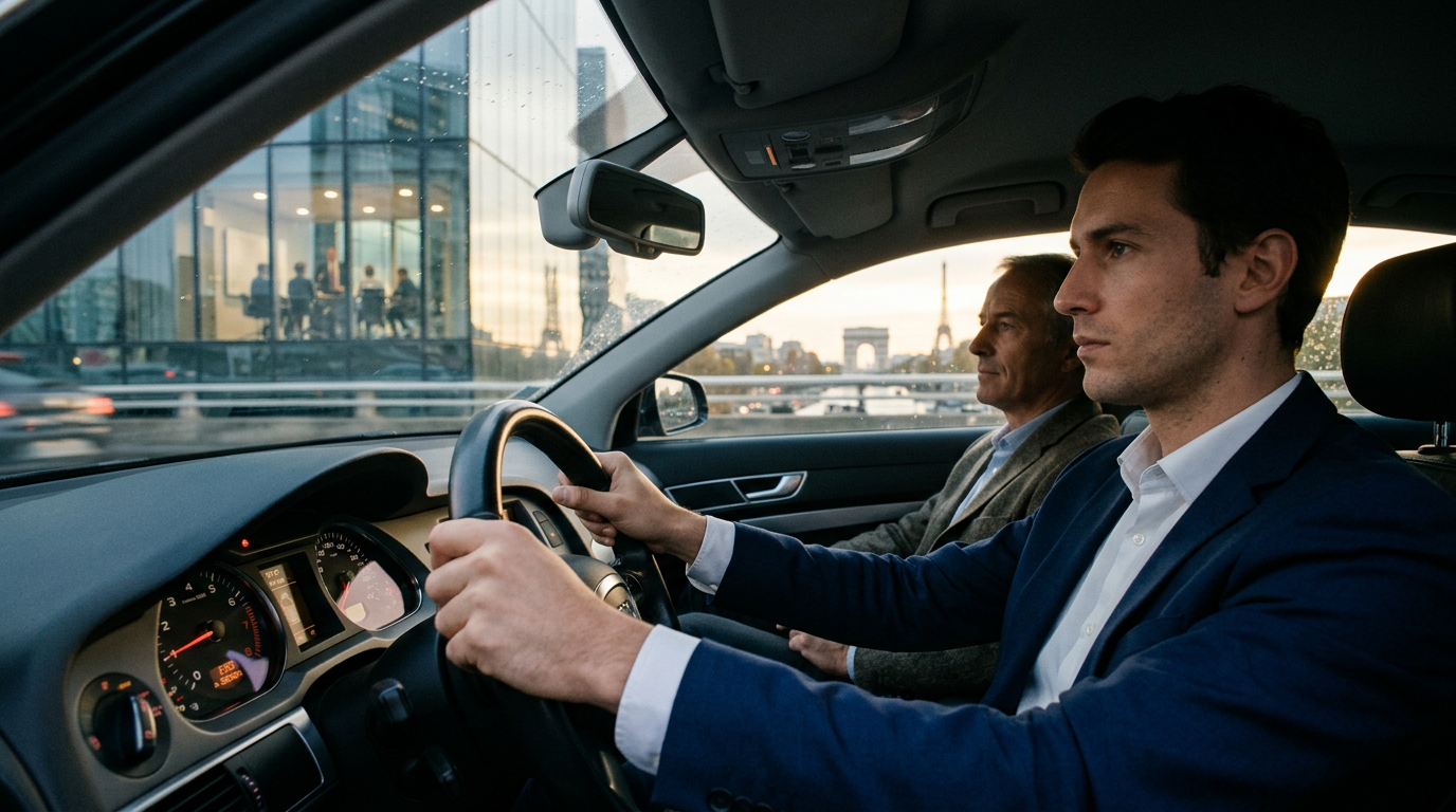 Un élève en leçon de conduite via une plateforme, illustrant le modèle économique du permis de conduire digital.