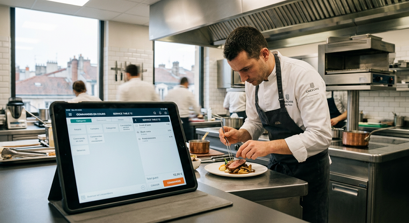 Business plan restauration intégrant un système de commande digital dans une cuisine professionnelle.