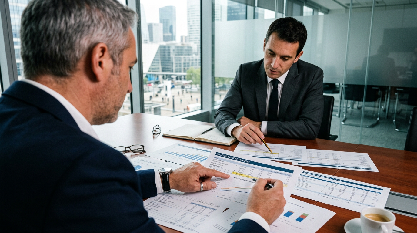 Deux personnes analysant le budget pour ouvrir une franchise et son plan de financement.