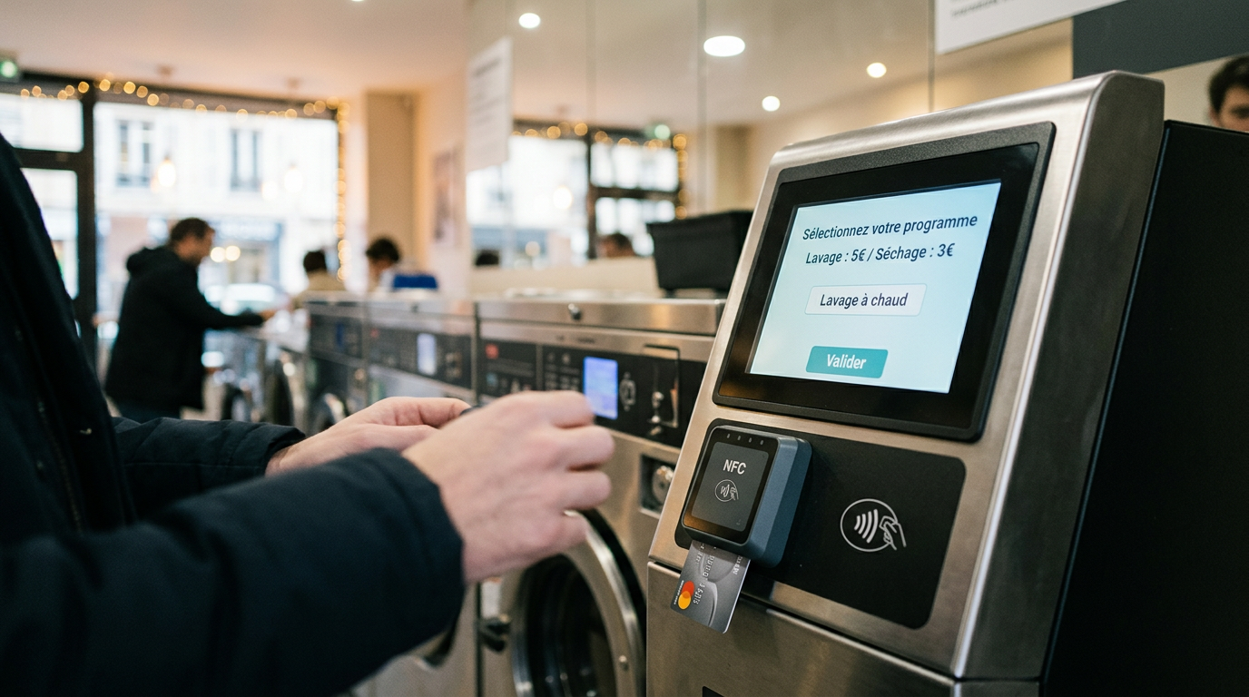 Détail du matériel de laverie professionnelle, incluant une centrale de paiement, un élément clé du business plan de la laverie.
