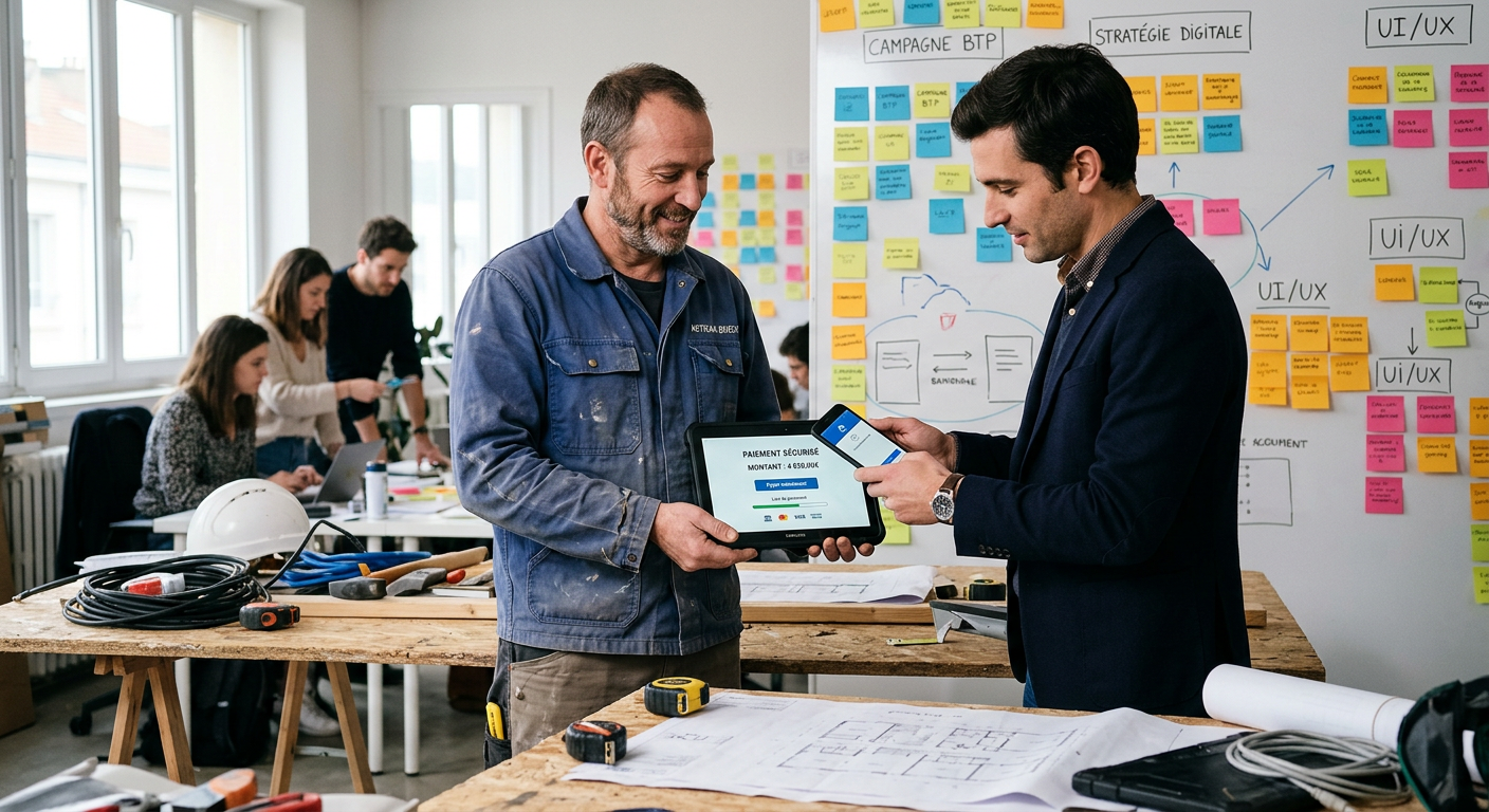 Artisan utilisant une solution d'encaissement mobile pour un paiement par lien.