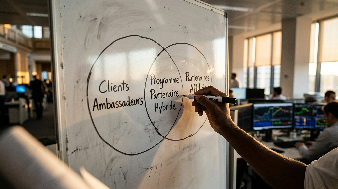 Schéma d'une stratégie d'acquisition PME à Lyon combinant réseau d'ambassadeurs et marketing à la performance.
