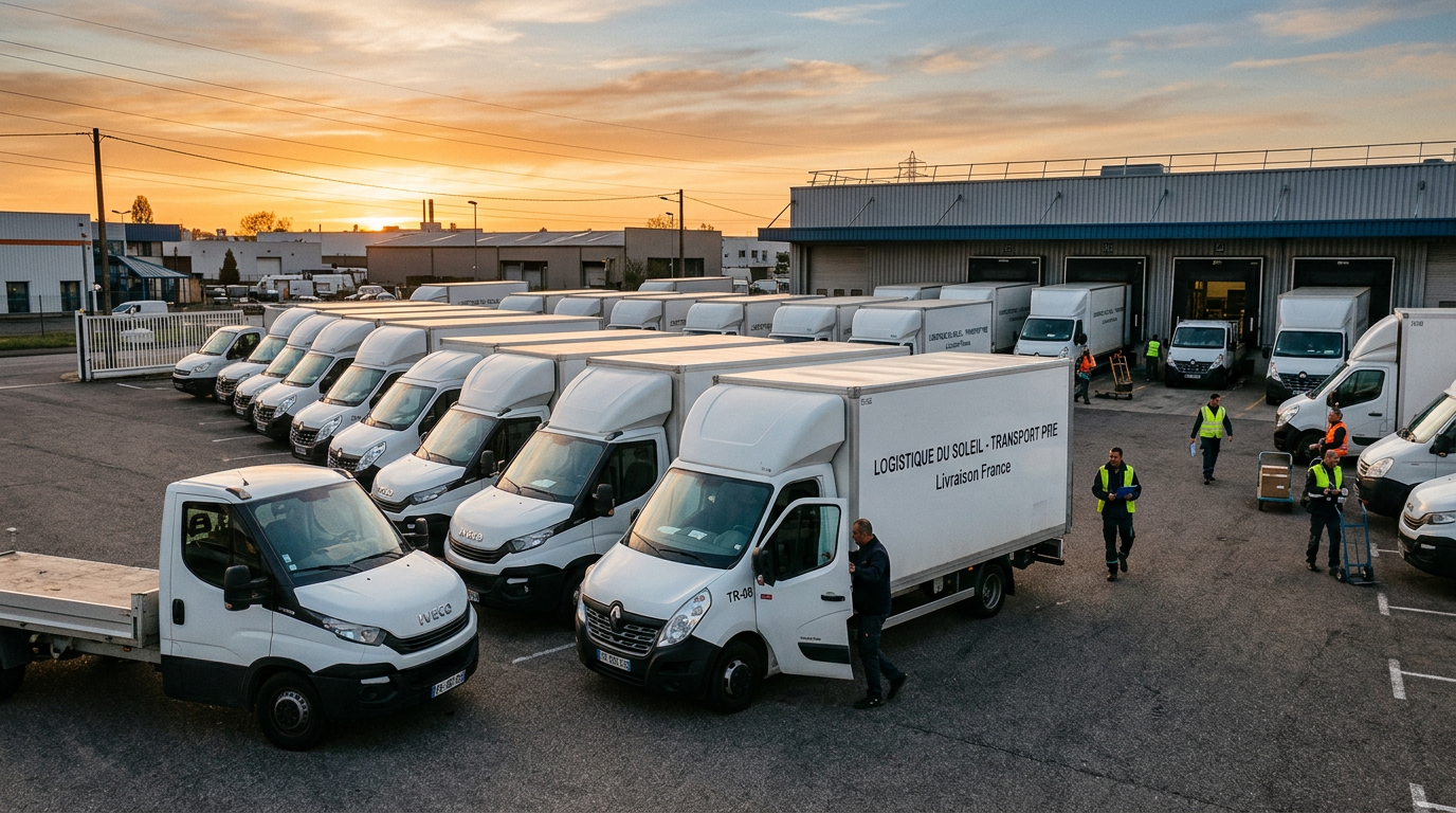 Flotte de camions d'une PME, illustrant l'impact du prix de l'essence sur le soutien aux entreprises du secteur logistique.