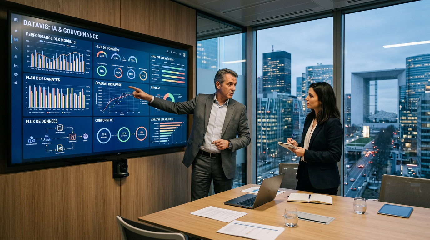 Un dirigeant de PME analysant des données sur un tableau de bord, illustrant la gouvernance IA en entreprise.