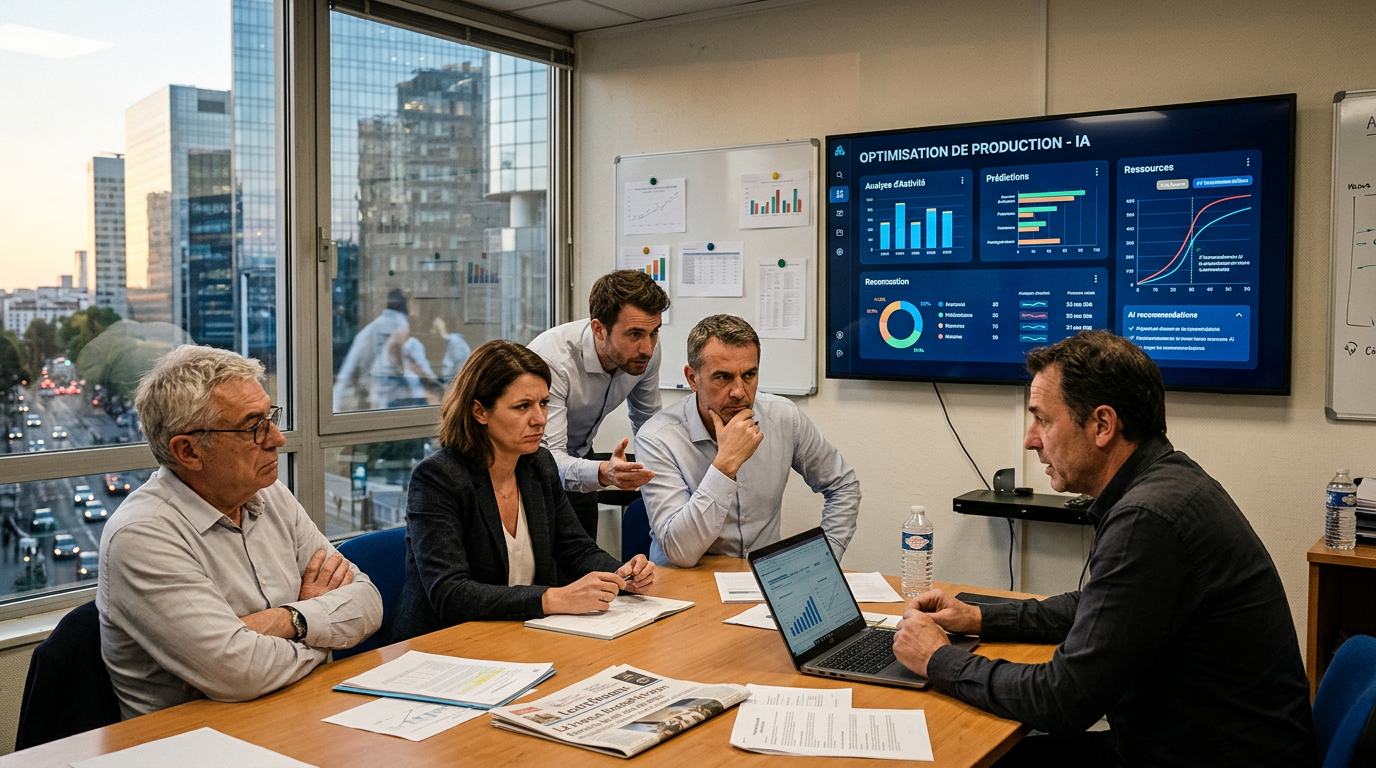 Des managers en réunion analysant le ROI d'un projet IA, illustrant le défi de l'intégration stratégique de l'IA dans une PME.