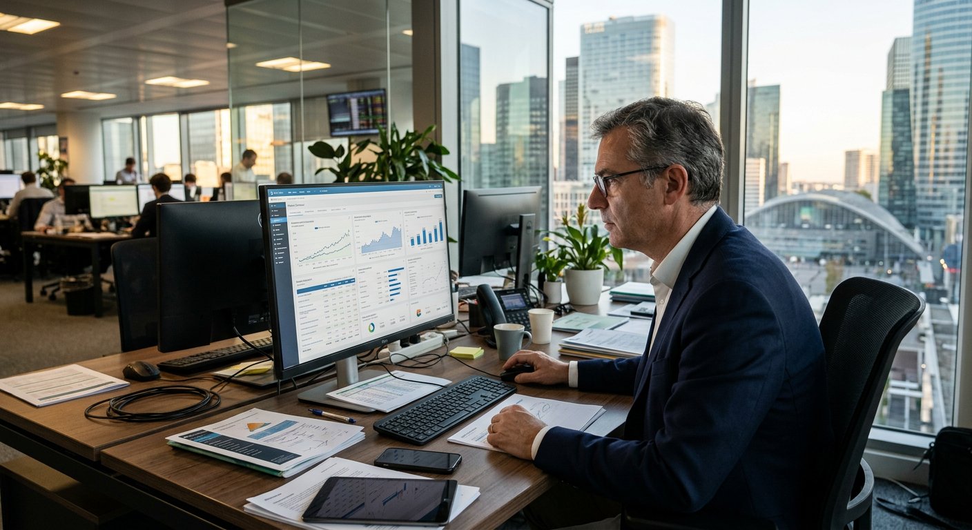 Un dirigeant de PME utilisant un logiciel comptable pour sa gestion financière.
