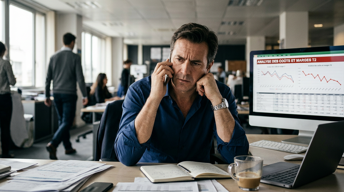 Dirigeant de PME analysant son contrat télécom PME face à la hausse des prix annoncée.