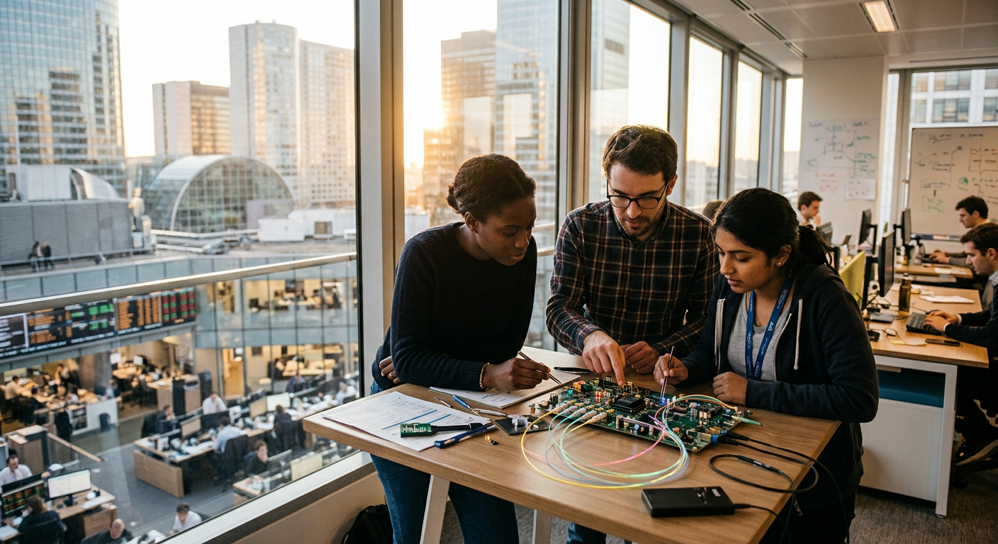 Une équipe d'ingénieurs travaillant sur un prototype de la startup Lynx, illustrant l'innovation technologique.