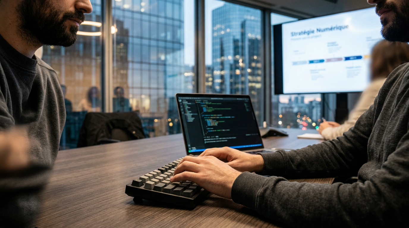 Un expert en recrutement à distance analyse des profils sur un ordinateur portable.
