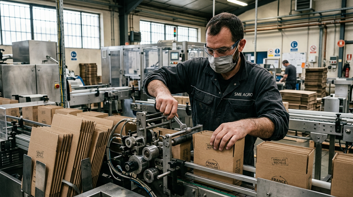 Un opérateur ajustant une machine pour un emballage durable, illustrant le coût de la conformité pour une PME.