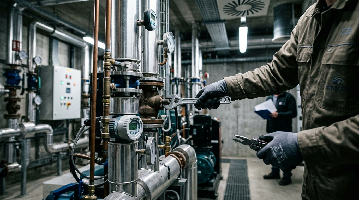 Un technicien assure la maintenance des infrastructures énergétiques d'un réseau de froid urbain.
