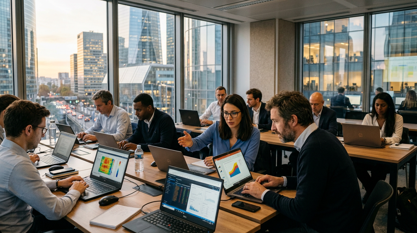 Des collaborateurs en entreprise suivant une session de formation pour développer leurs compétences IA.