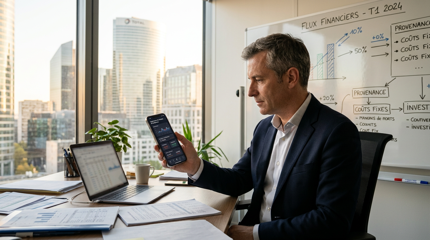 Un dirigeant de PME utilisant une application de gestion des dépenses pro sur son smartphone.