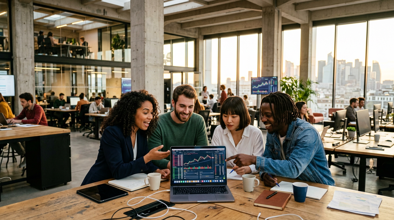 Des professionnels utilisant des services financiers pour entreprises sur un ordinateur portable dans un bureau moderne.