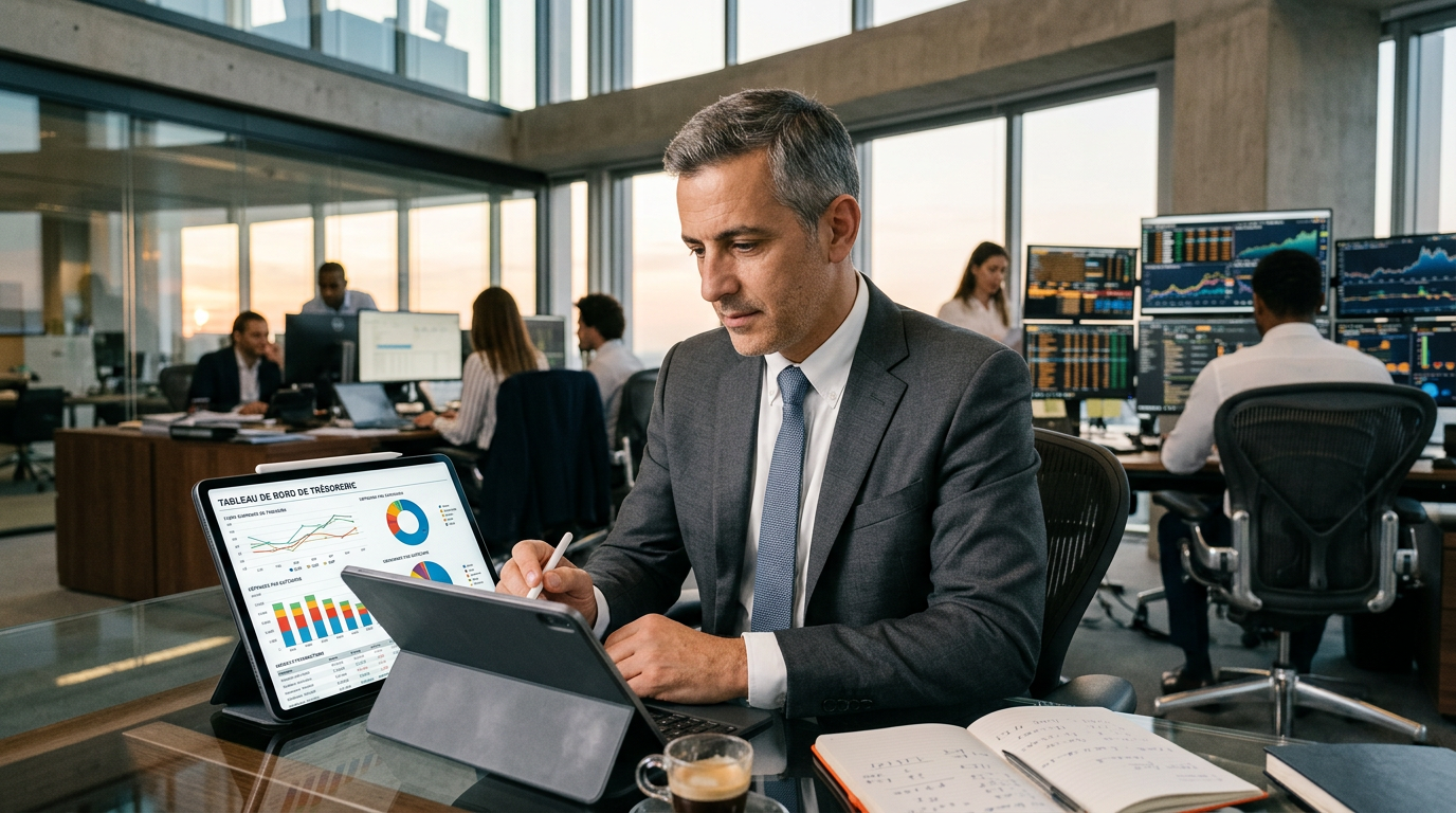 Dirigeant de PME utilisant une solution de fintech pour l'optimisation financière de son entreprise.