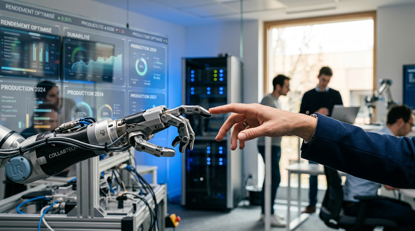 Interaction entre un humain et un robot collaboratif, symbole de l'automatisation flexible en entreprise.