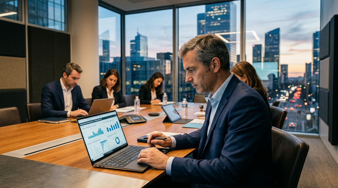 Un professionnel utilisant un PC portable avec une intelligence artificielle embarquée pour l'analyse de données.