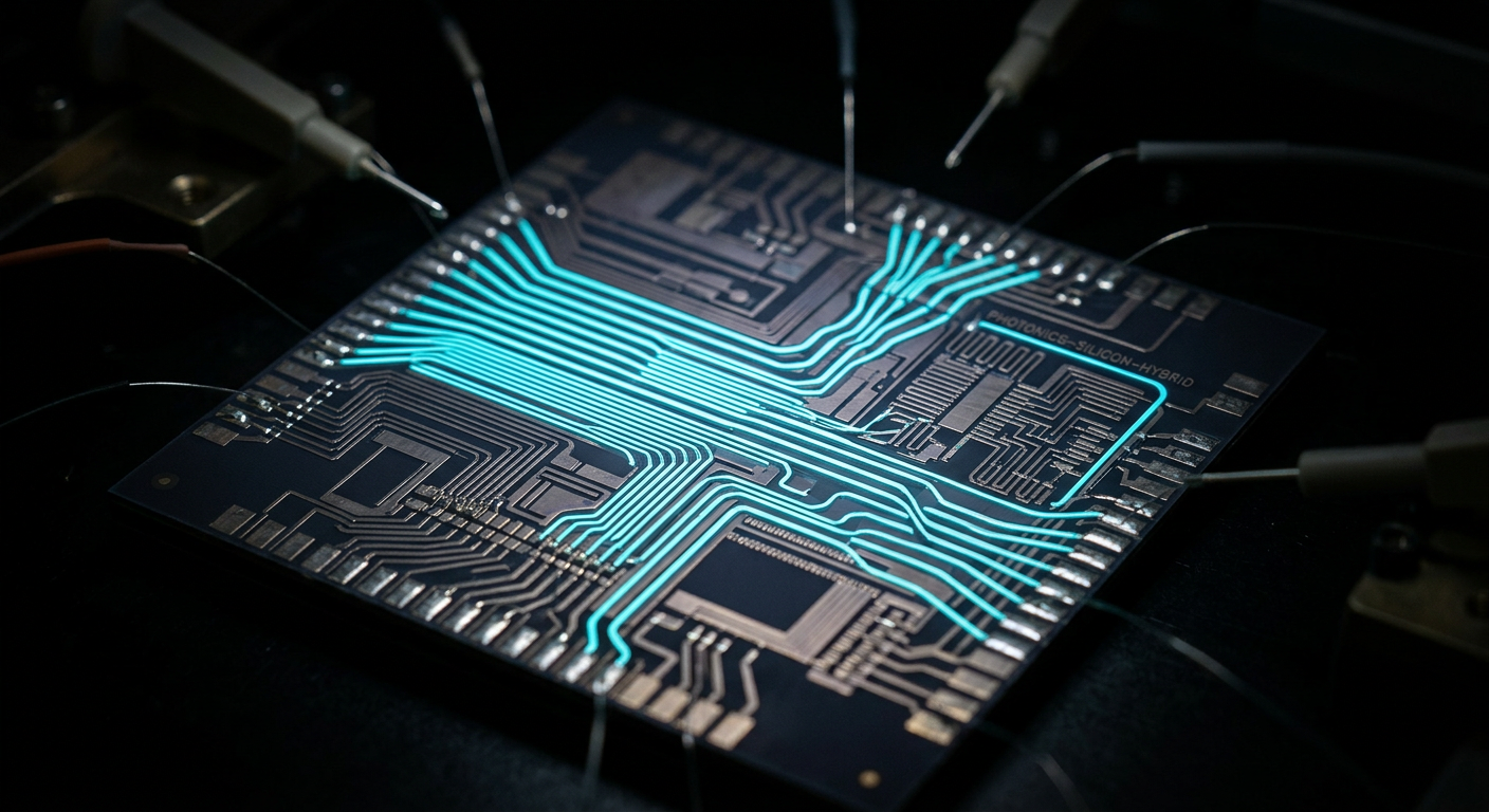 Détail d'une puce utilisant la photonique sur silicium, une technologie clé pour le calcul haute performance.